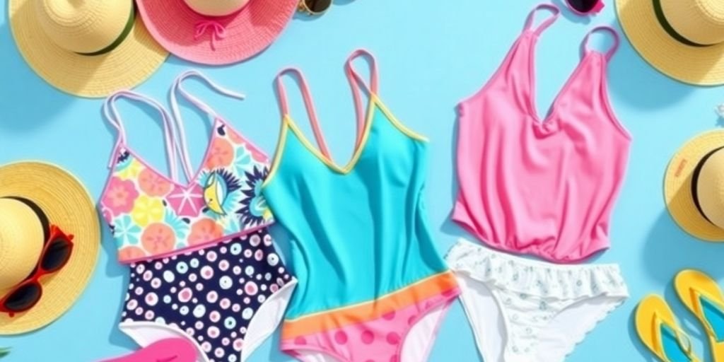 Colorful tankinis and beach accessories for teens.