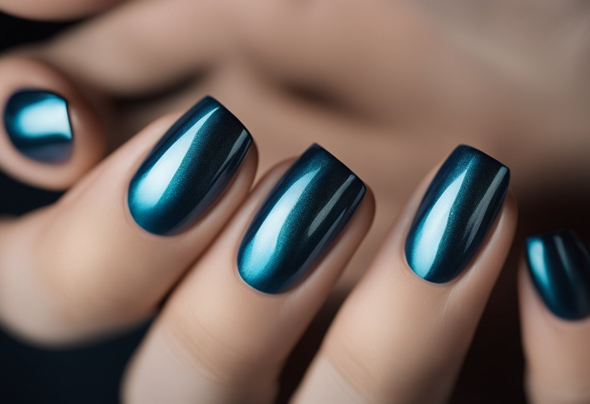 14 light blue cat eye nails on a dark background with a subtle shimmer