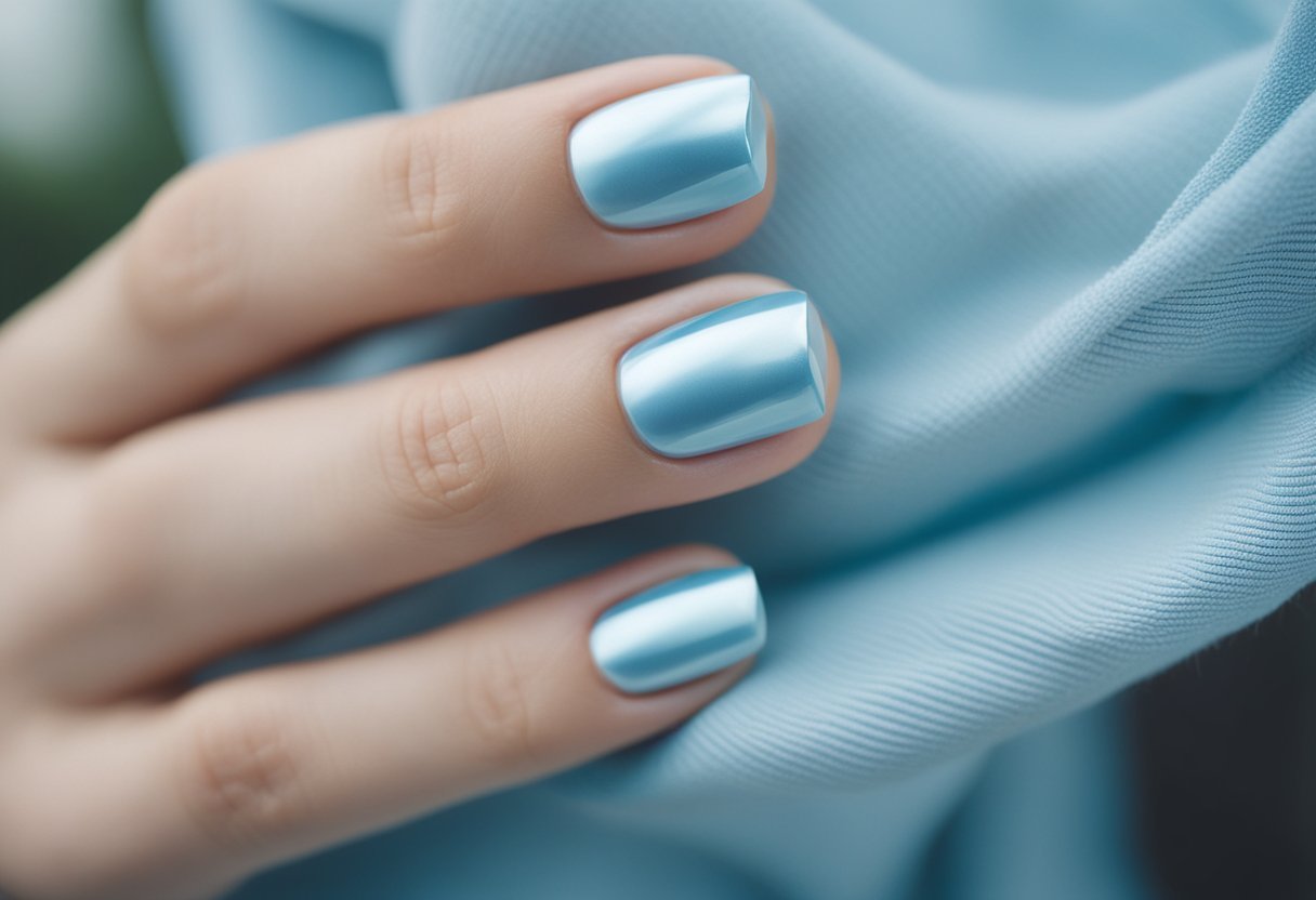 A serene sky with soft pastel hues, reflecting in 14 light blue cat eye nails