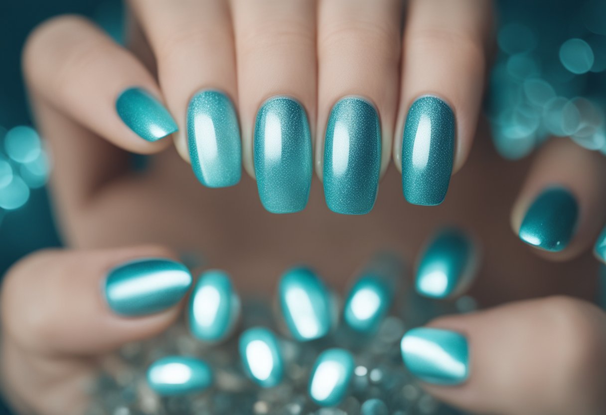 14 light blue cat eye nails shimmer under an aqua dream gleam