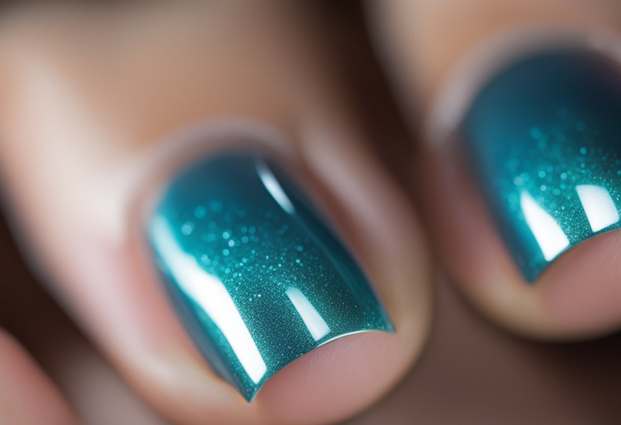 Azure Mist Sparkle 14 light blue cat eye nails on a glossy surface with soft, ethereal lighting