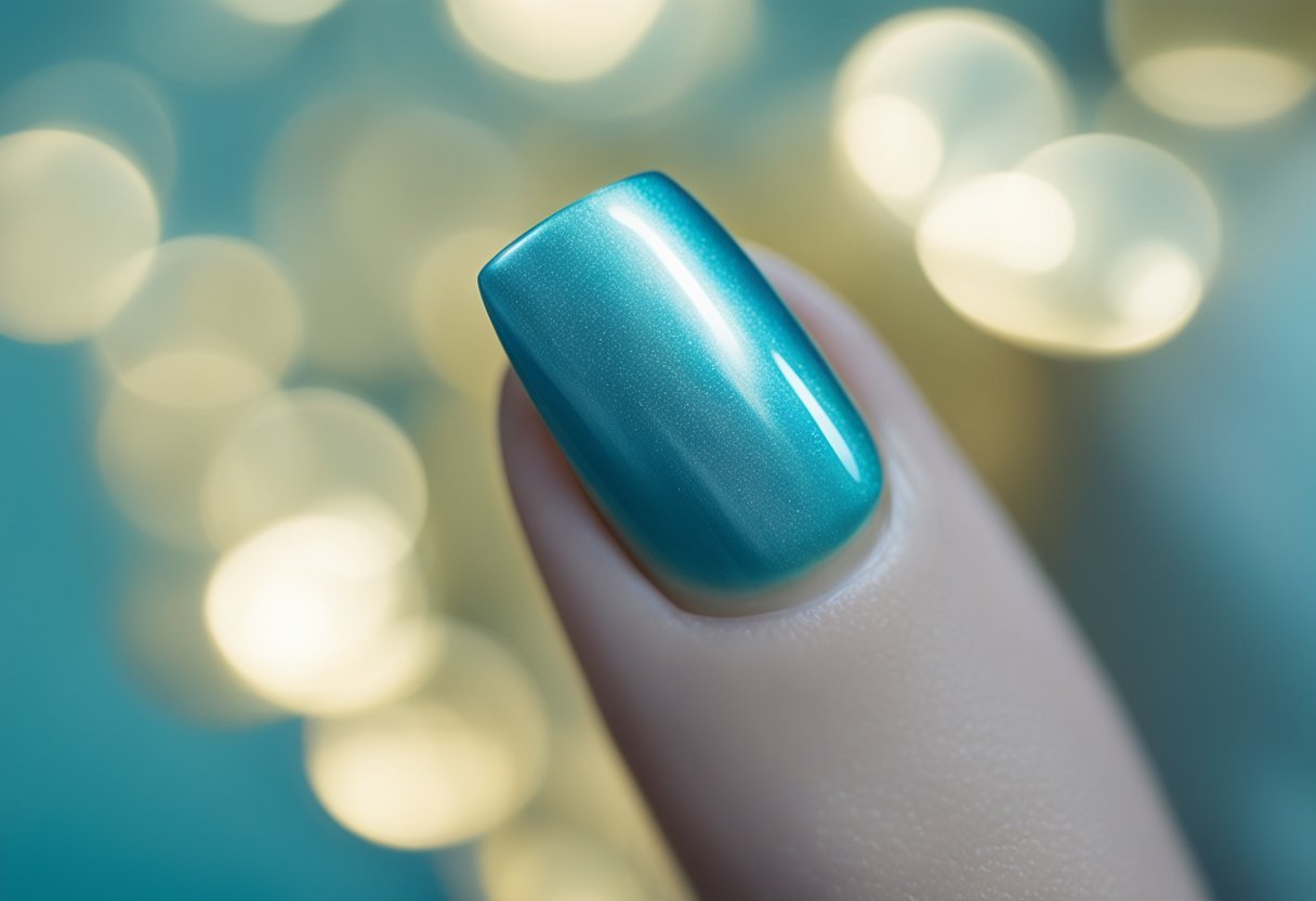 A close-up of 14 light blue cat eye nails with a lustrous sheen, set against a backdrop of a serene blue lagoon