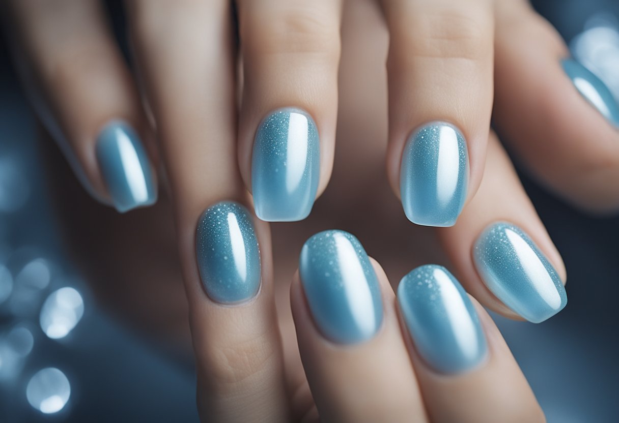 Fourteen light blue cat eye nails glisten with an icy pearl shine