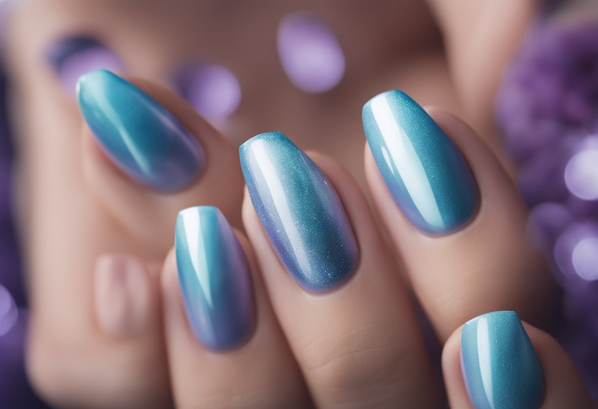 A close-up of 14 light blue cat eye nails with a lilac blue blend