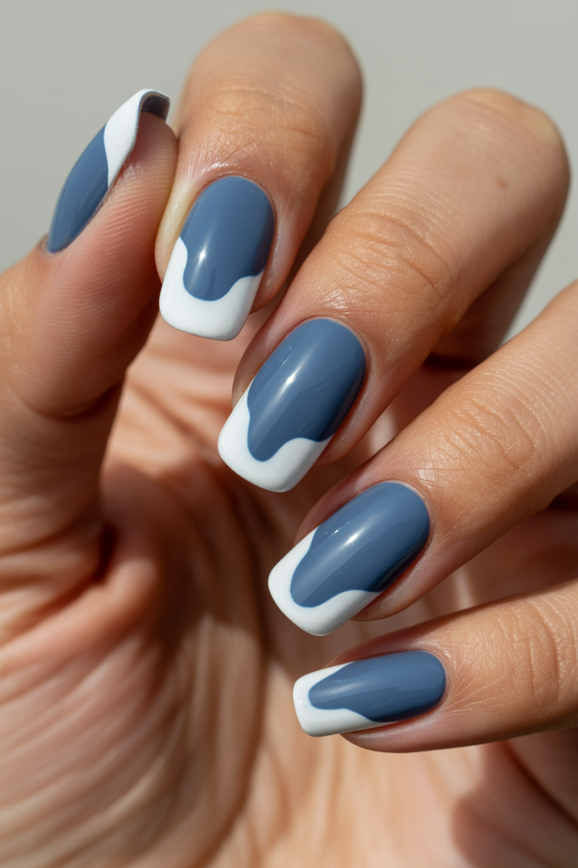Blue Base, White Foam Tips nail design — Dusty ocean blue across the nail with an irregular, wavy white tip.
