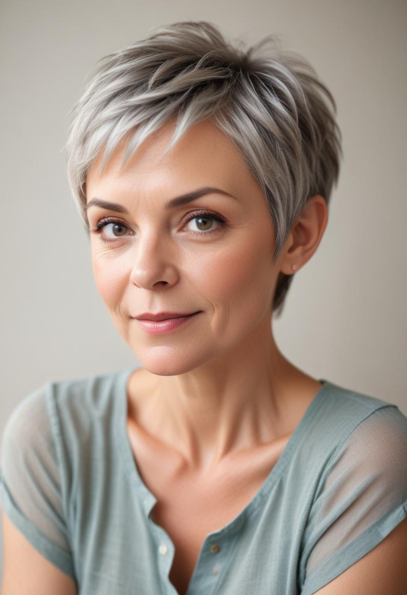 Soft layered pixie — The 2026 pixie reference for women over 50.