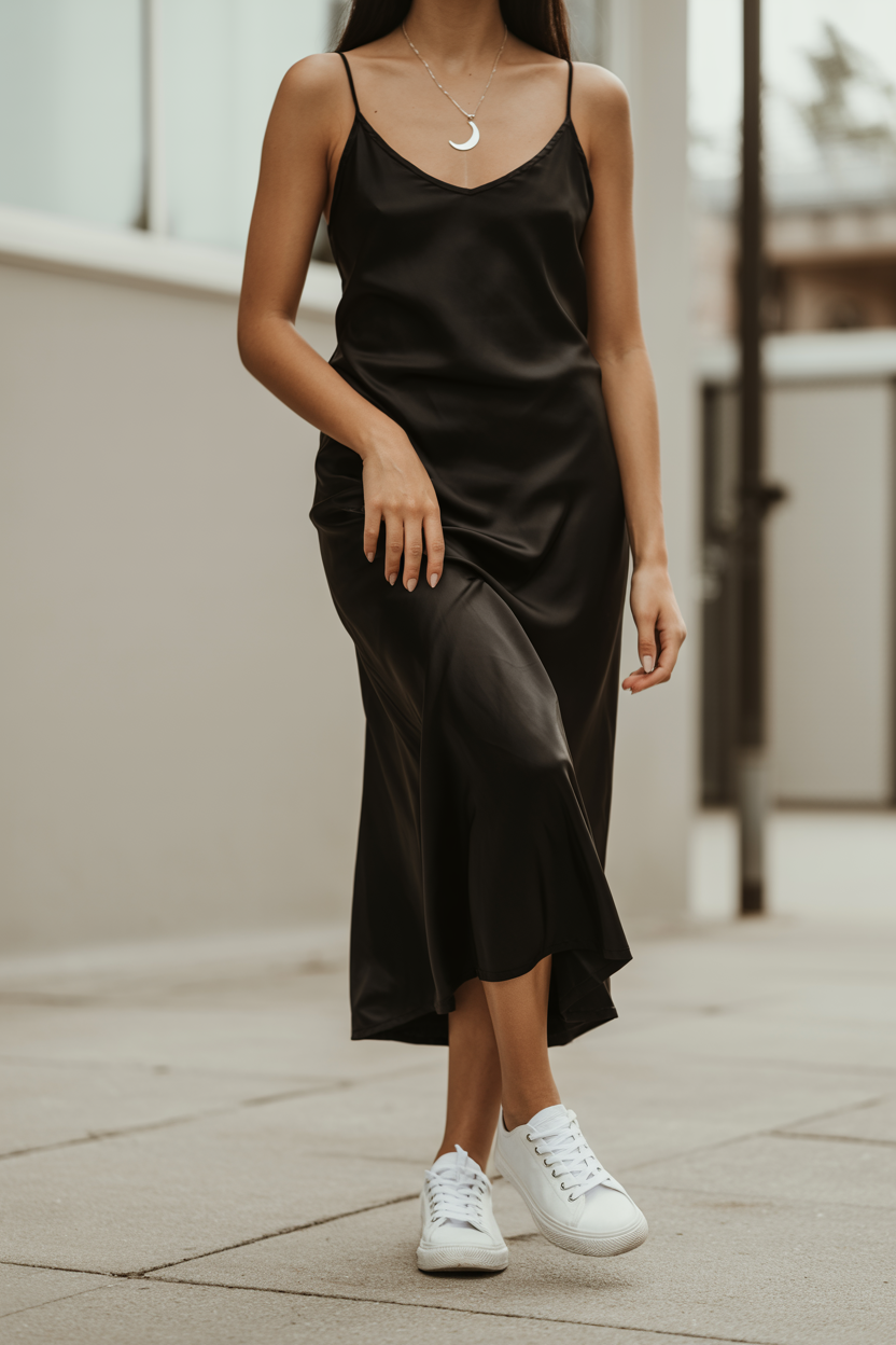 Black Slip Dress + Sneakers nail design — A bias-cut black midi slip, white sneakers, and a silver crescent moon necklace.