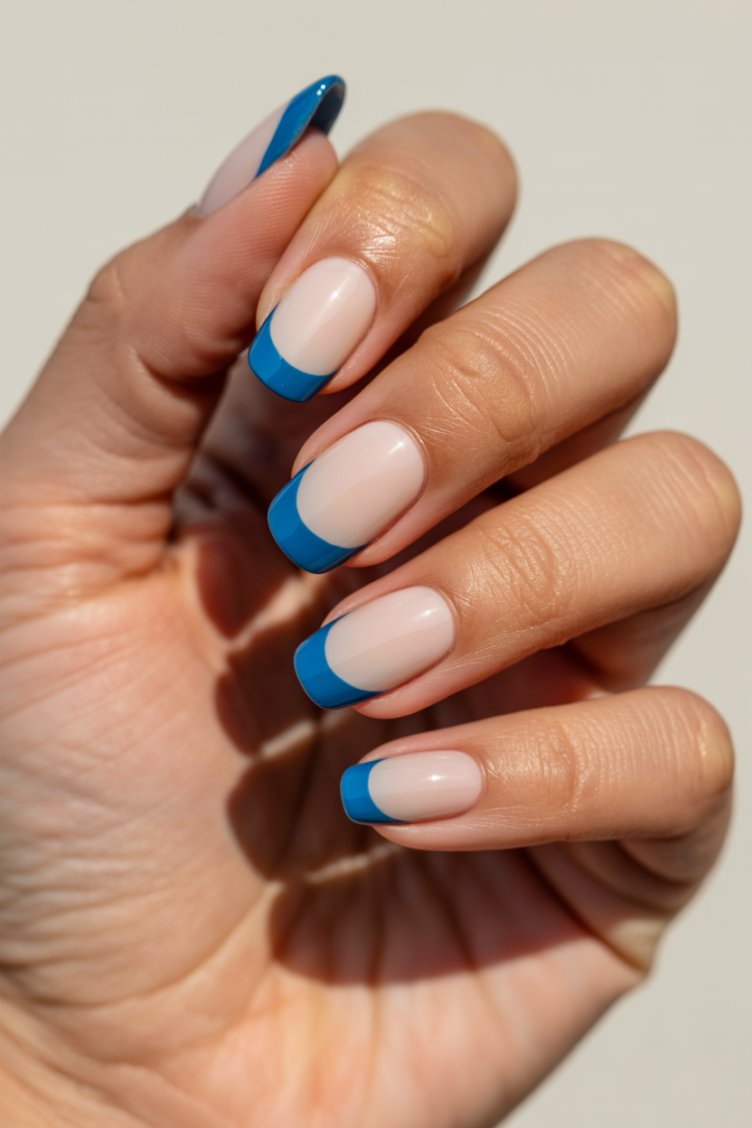 Reverse Surfside nail design — Cream or sand base with the blue at the tip instead.