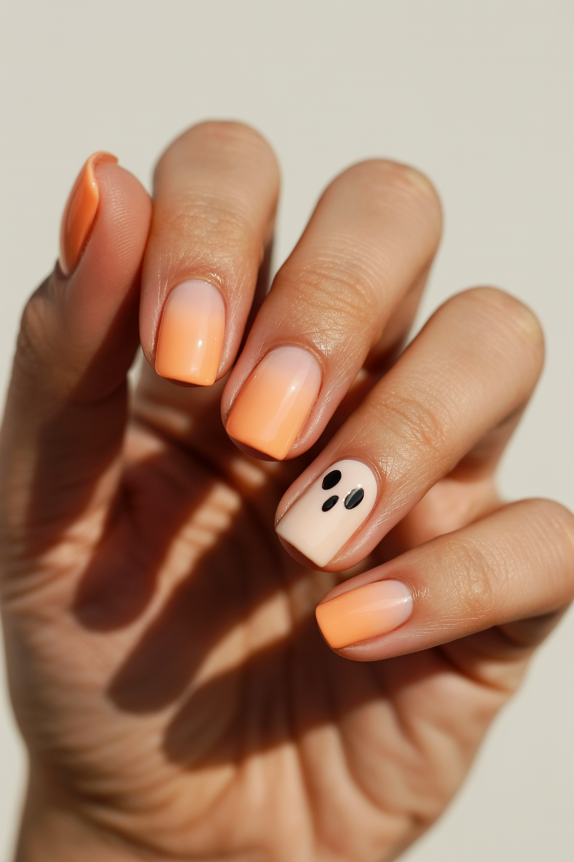 Sherbet Ombré with Ghost Accent nail design — Peach fading into cream across each nail, with a single opaque white ghost on the middle finger.