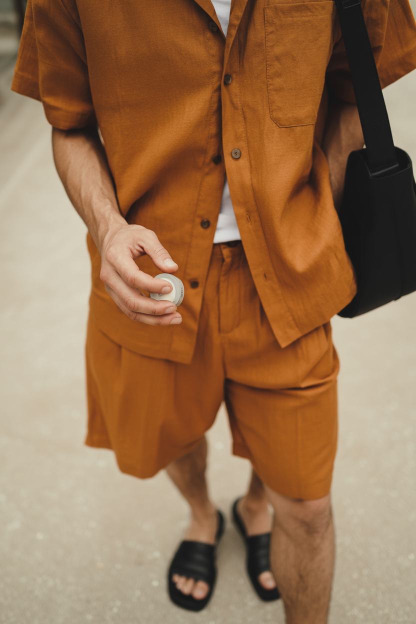 Burnt Orange Linen Set nail design — Matching linen shorts and a camp-collar shirt in a muted orange, worn with black slides and a black shoulder bag.