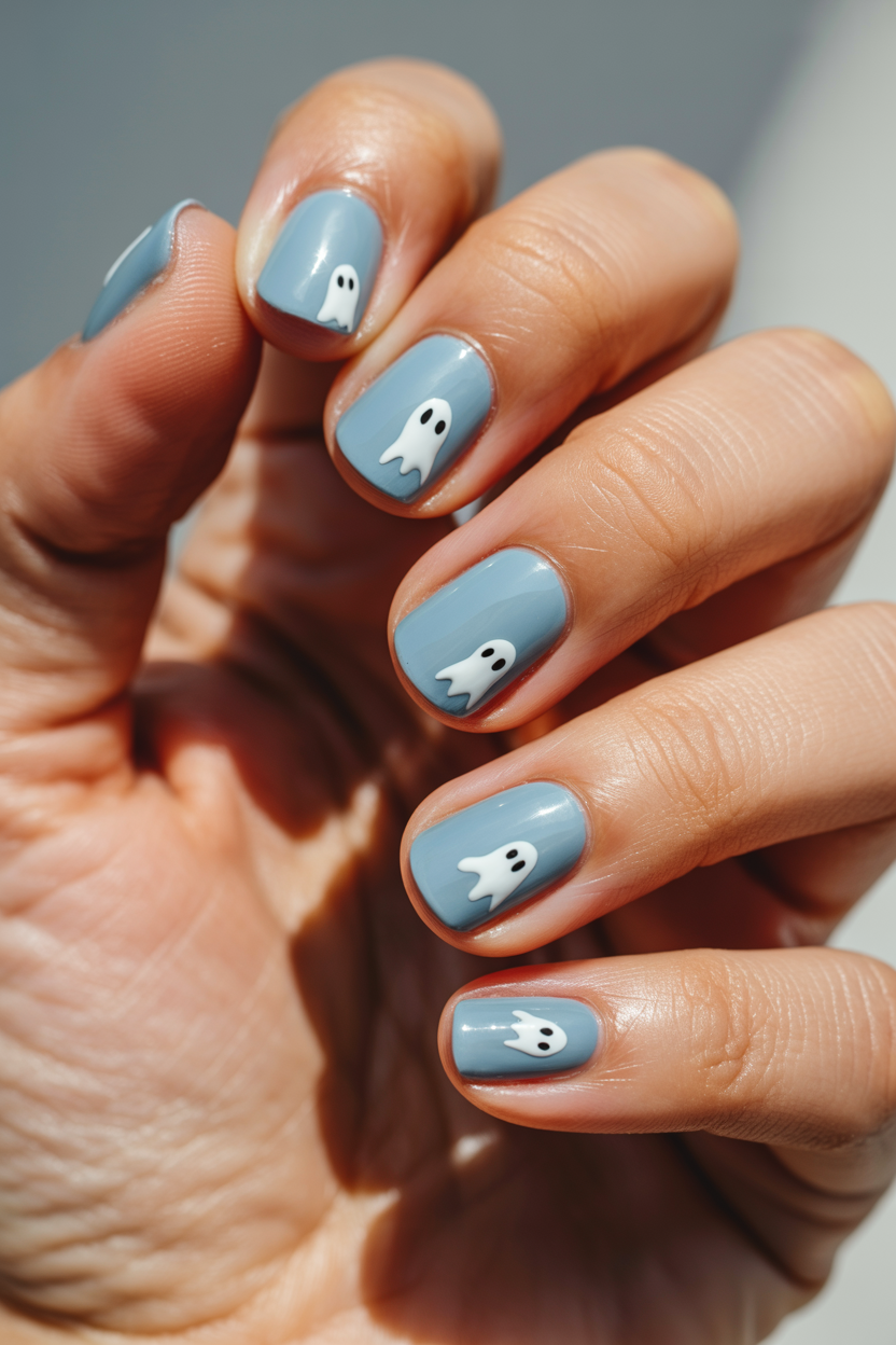 Milky Blue Ghost Gang nail design — A sheer milky-blue base across all ten with three or four tiny ghosts scattered at different angles on two nails.