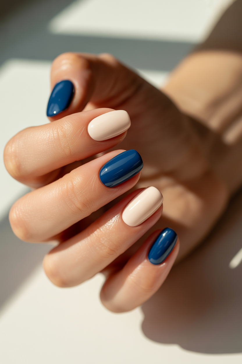 Alternating Set nail design — Three blue nails, two cream, arranged across each hand.
