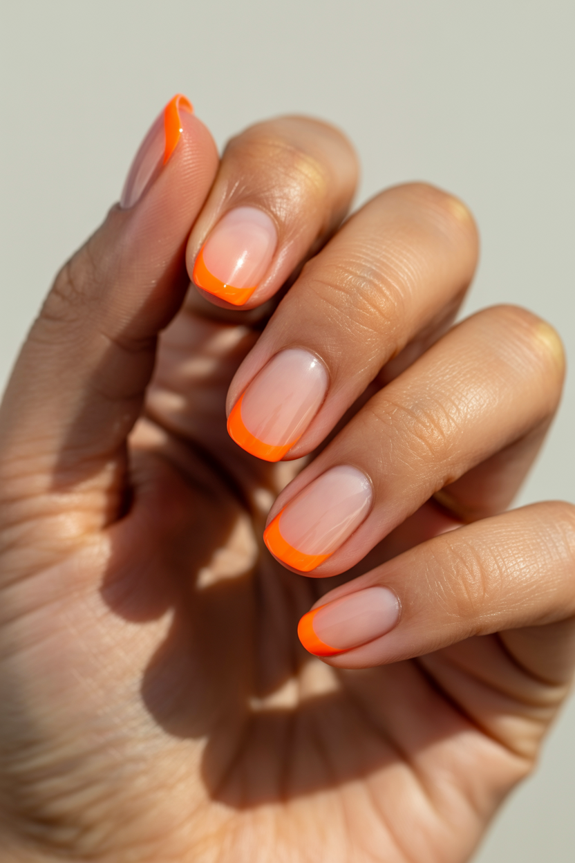 Neon Orange Micro French nail design — A hairline neon tip on a sheer base.