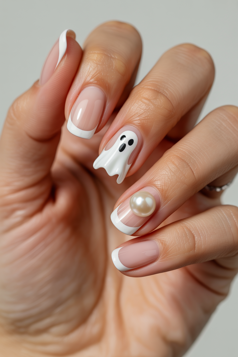 Pastel Ghost French with Pearl nail design — Standard white french tip, one ghost, and a single flatback pearl set where the ghost's "hand" would be.