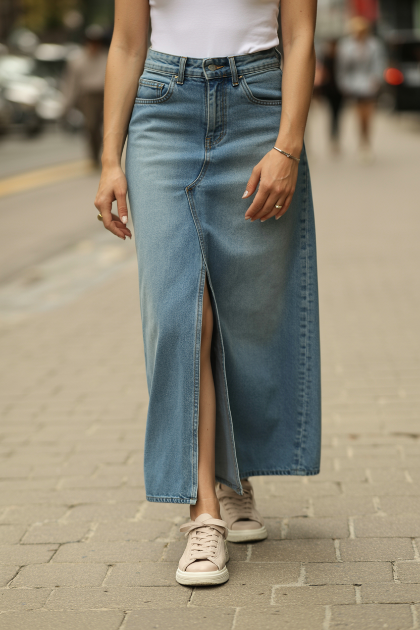 Denim Maxi + Fitted Top nail design — A denim maxi skirt with a simple fitted top, sneakers or sandals, minimal jewelry.