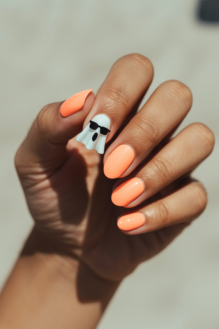 Ghost in Sunglasses nail design — The most Summerween design on this list.