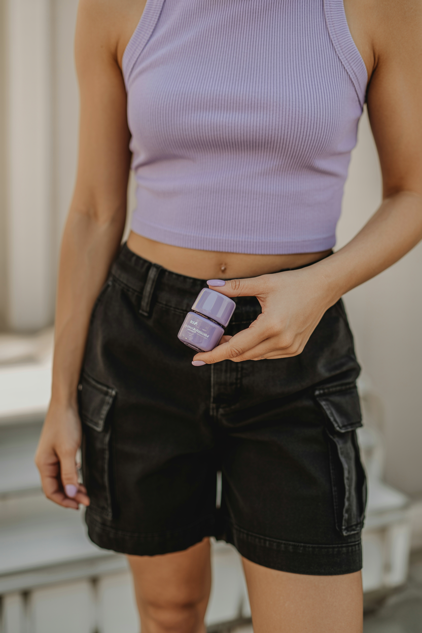 Lilac Tank + Black Cargos nail design — A ribbed lilac tank, black cargo shorts, platform sandals.