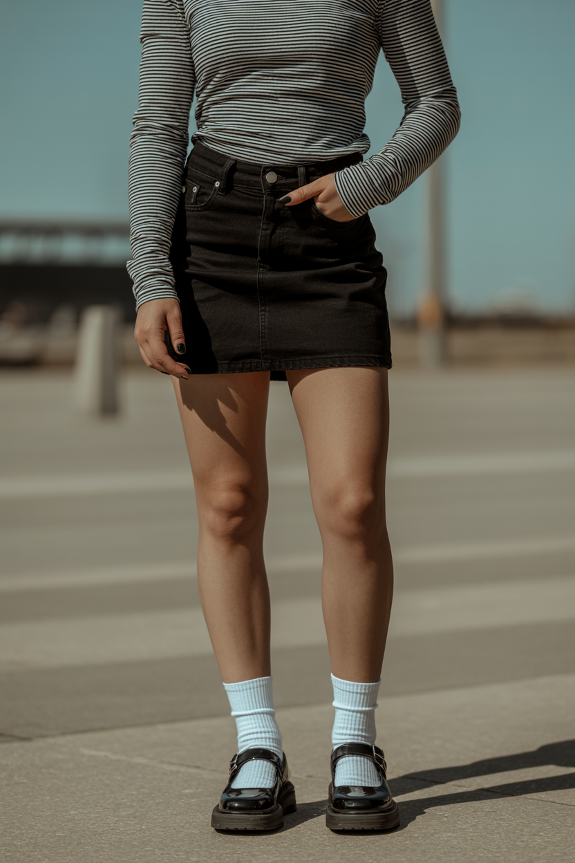 Black-and-White Stripes + Mini nail design — A striped long-sleeve tee, a black denim mini, black Mary Janes with white socks.