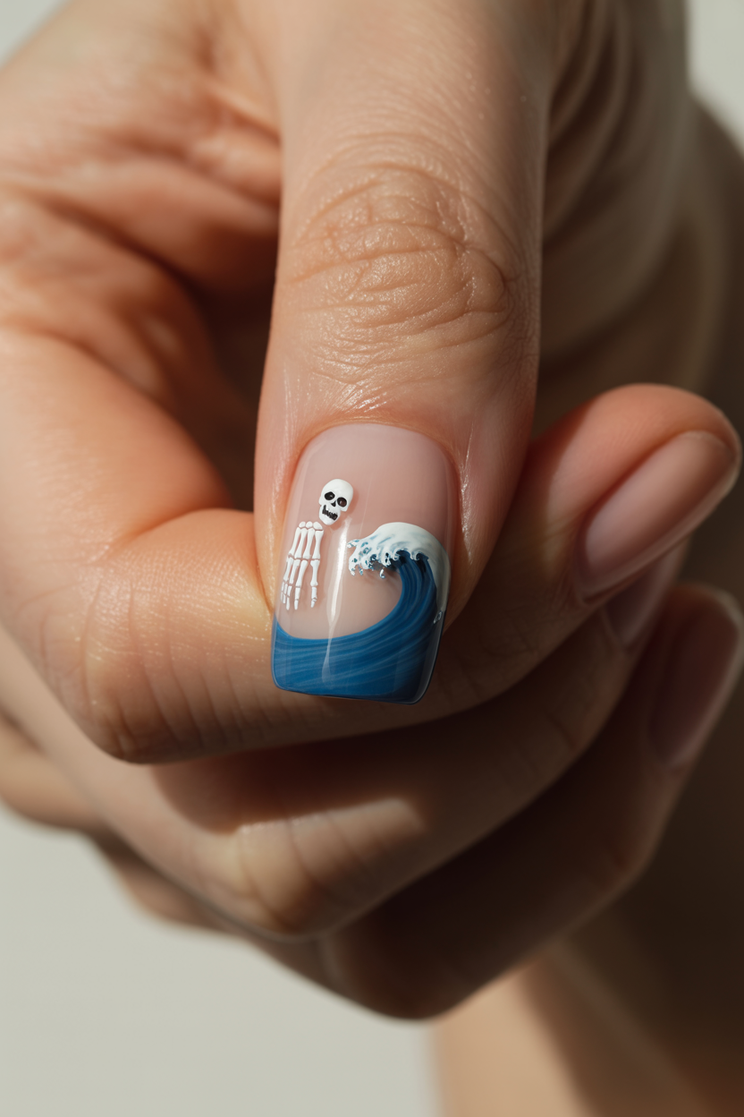 Skeleton Hand Meets Wave nail design — A curling blue wave across the nail with a small white skeleton hand reaching out of it.