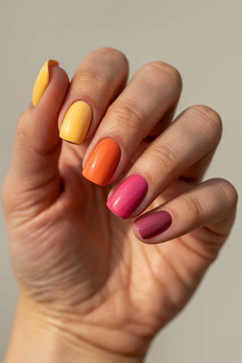 Sunset Gradient Set nail design — Each nail a different shade moving from yellow through orange to deep pink across the hand.