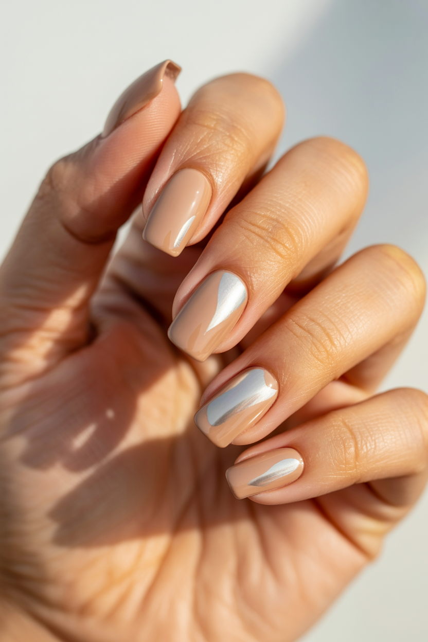Wet Sand nail design — Warm beige with a soft silver chrome layered over it.