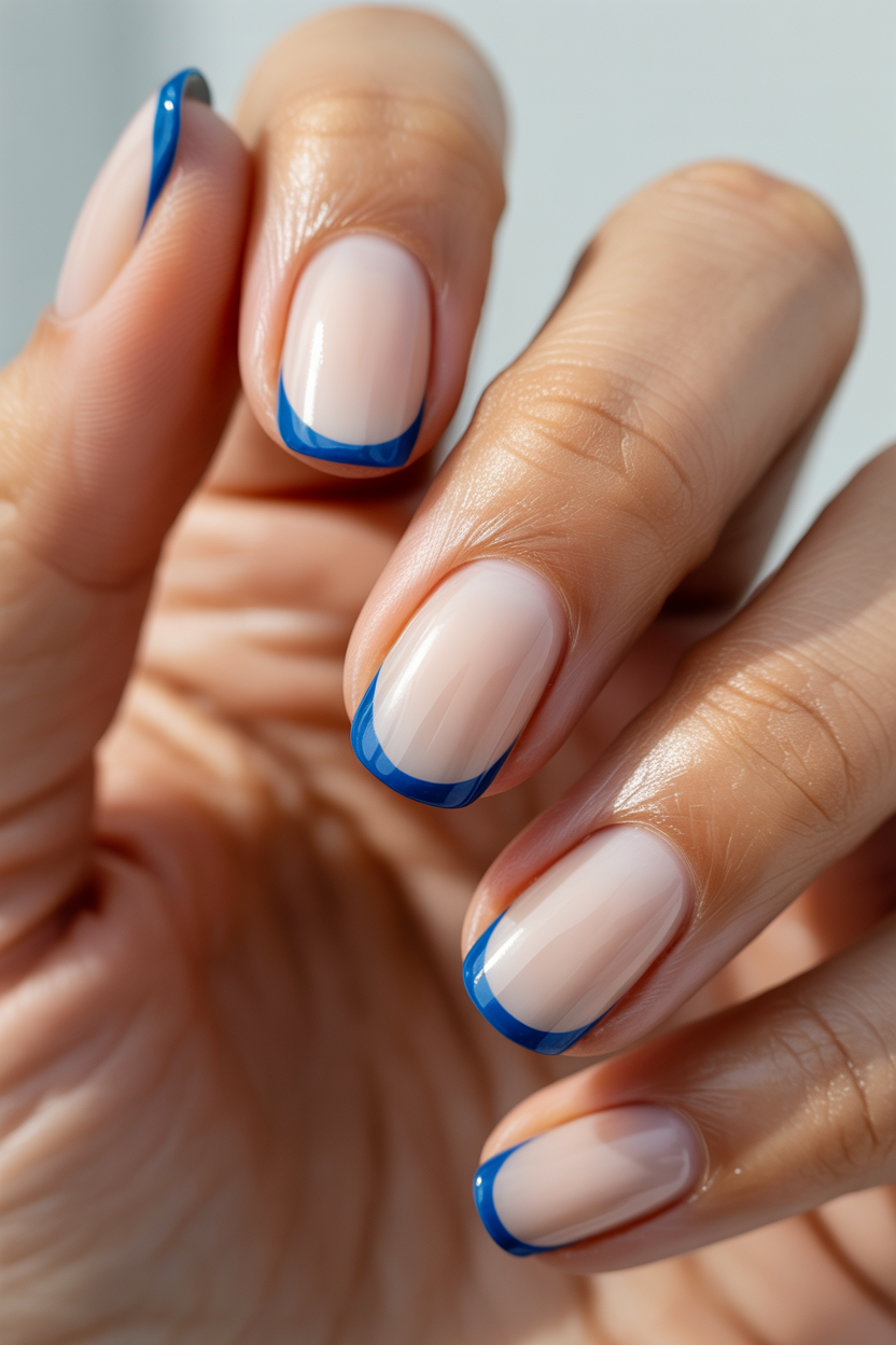 Bone with Blue Micro French nail design — Bone-white base with a hairline blue tip.
