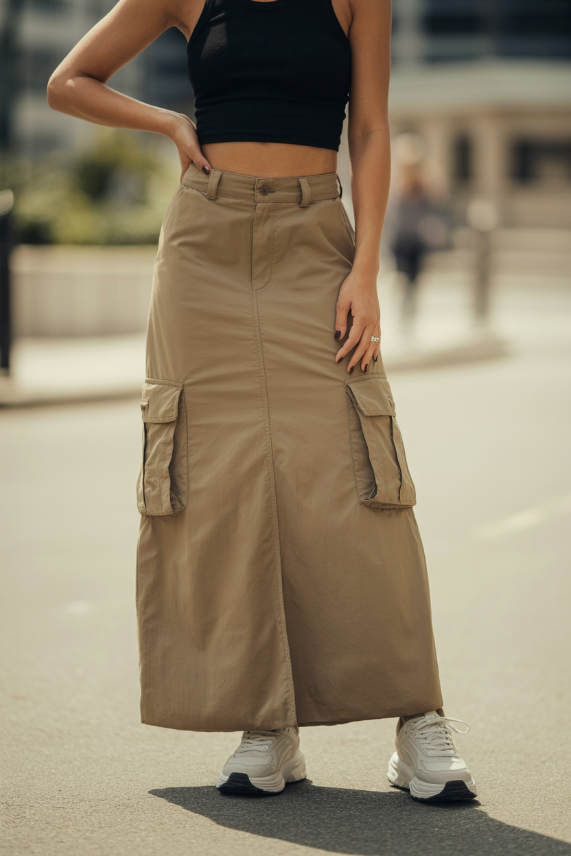 Cargo Maxi Skirt + Cropped Tee nail design — Cargo detailing on a long skirt with a cropped fitted tee and chunky sneakers.
