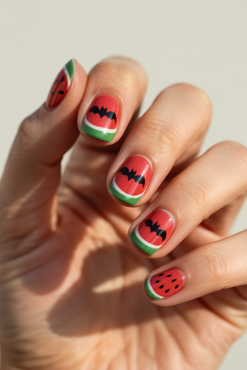 Watermelon and Bats nail design — Watermelon slices on three nails, two small black bats on the others.