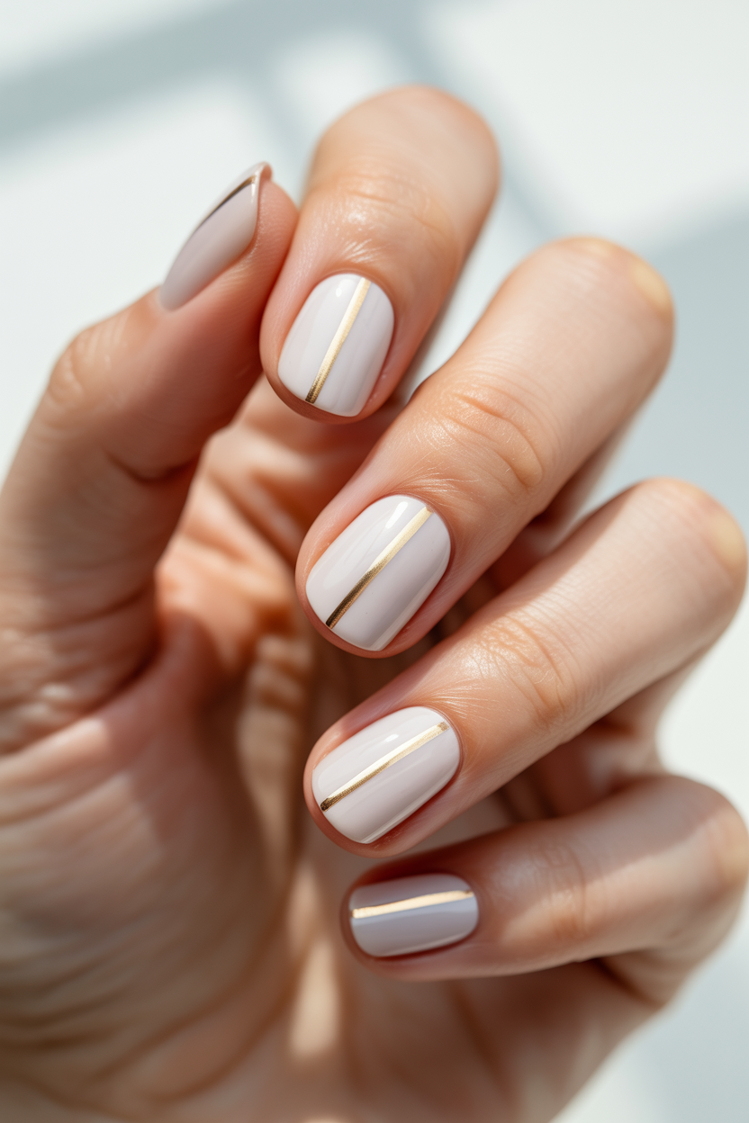 Milky White with a Single Gold Stripe nail design — One thin metallic line down the center of each nail.