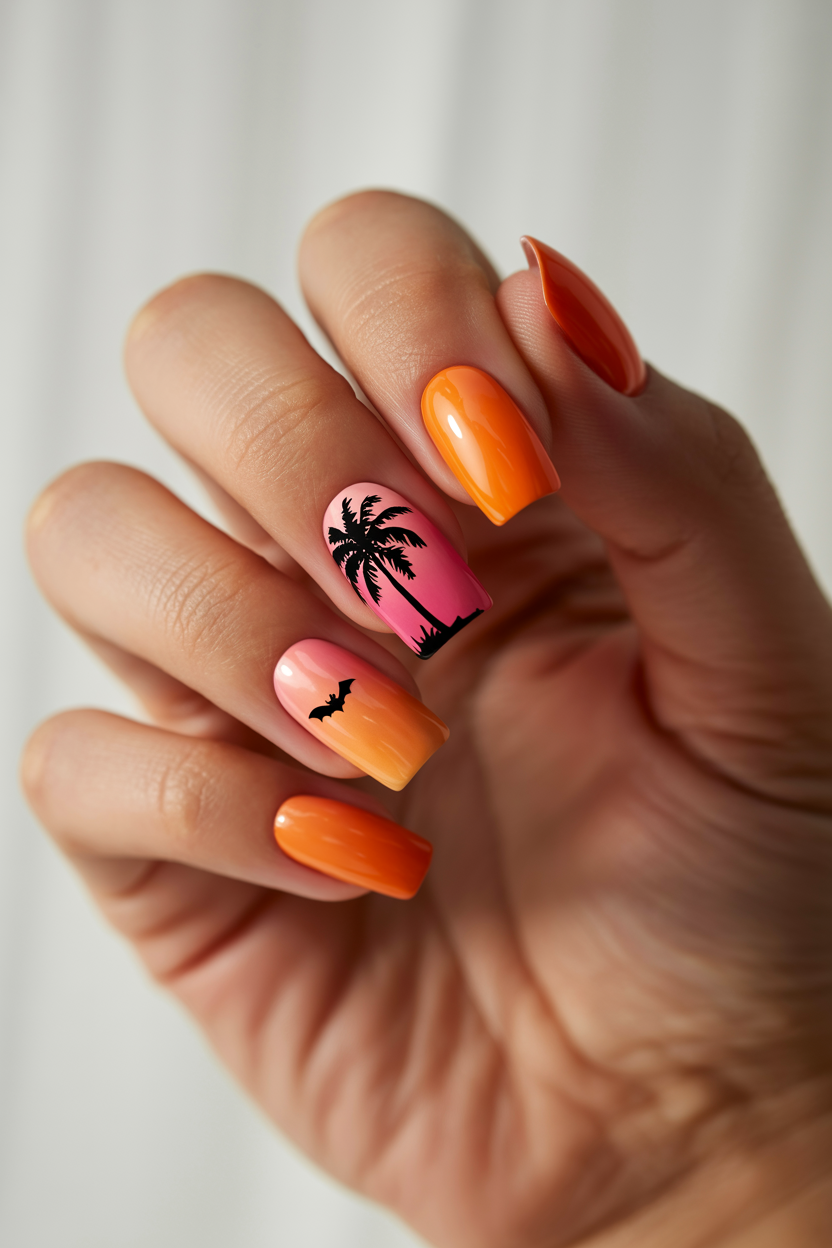 Sunset with Palm Silhouette nail design — Orange-to-pink sunset ombré with a black palm tree silhouette on one nail and a single tiny bat flying past it.