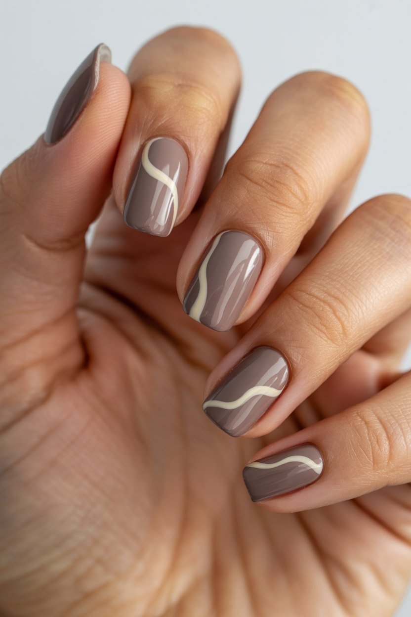 Taupe with Cream Waves nail design — Muted taupe base with thin cream lines curving across two nails.