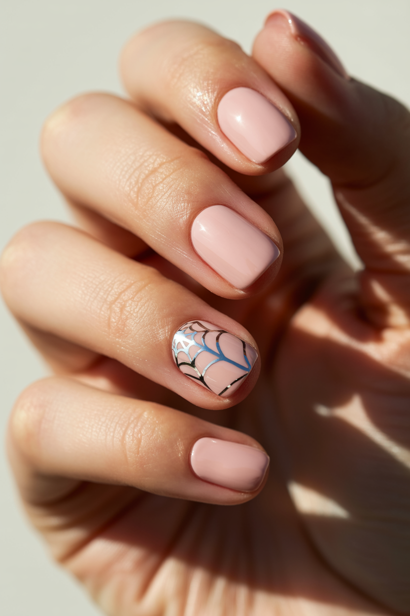 Chrome Spiderweb on Seashell Pink nail design — Soft shell-pink base with a delicate chrome spiderweb on the ring finger.