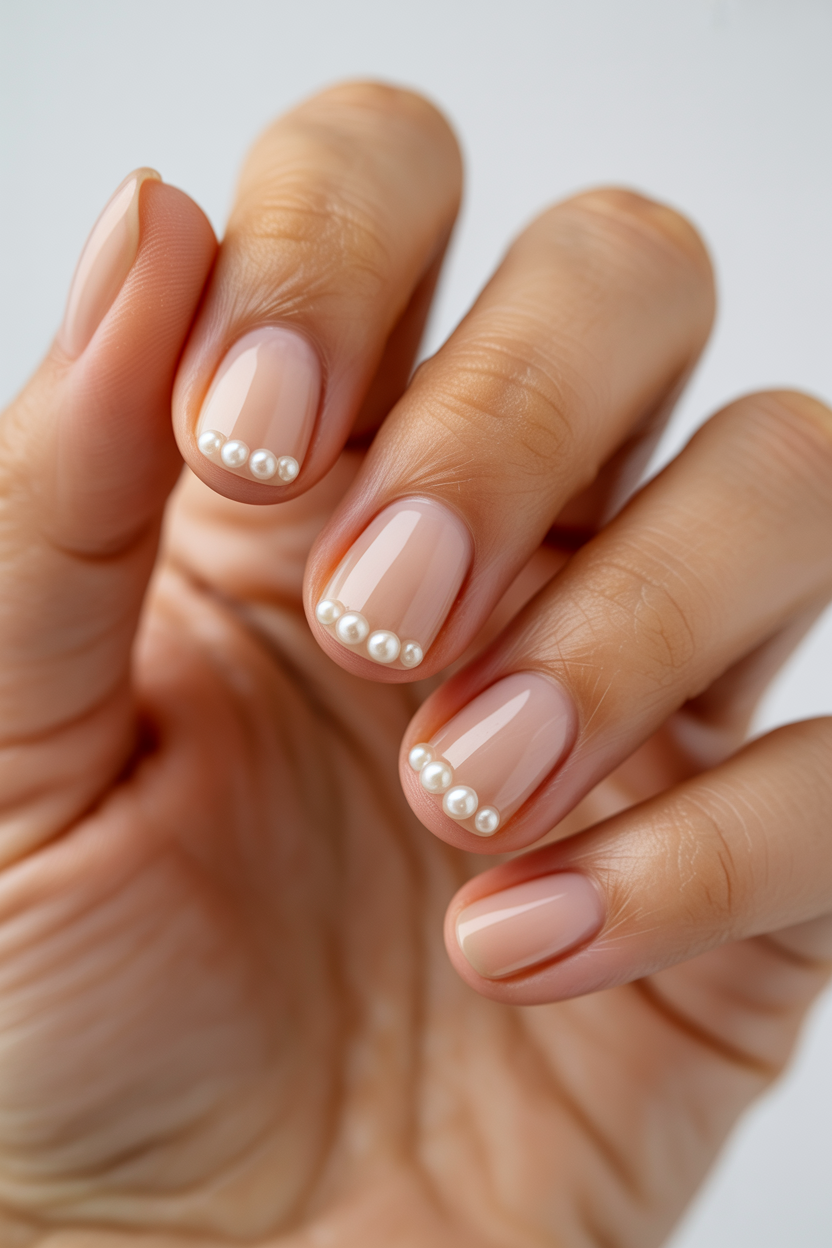 Sheer Nude with Micro Pearls nail design — Bare-looking base with three or four tiny flatback pearls near the cuticle on two nails.