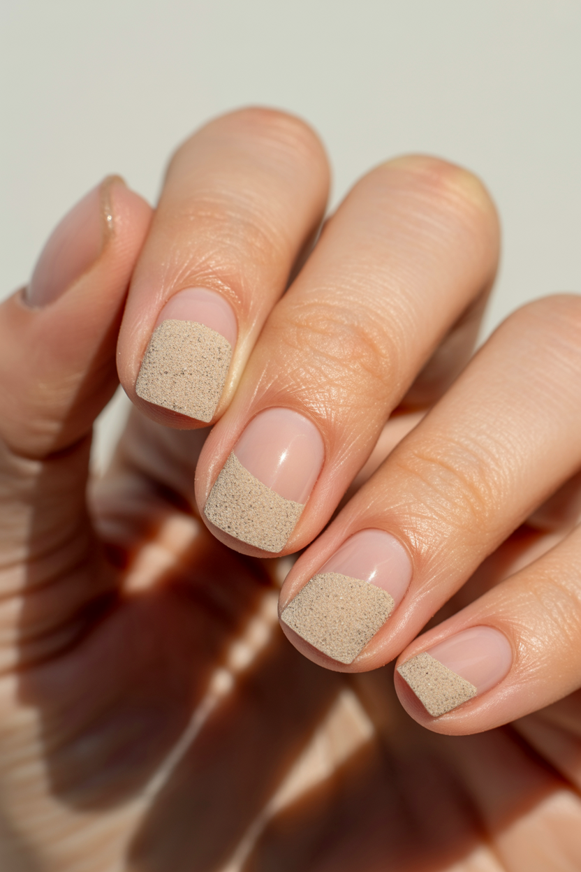 Sheer Nude with Sand Texture nail design — A sheer base with fine matte texture powder dusted over the tips, so the surface is genuinely gritty.