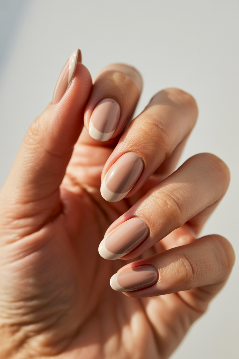 Sandy Beige with Cream Tips nail design — A tonal french — beige base, cream tip.