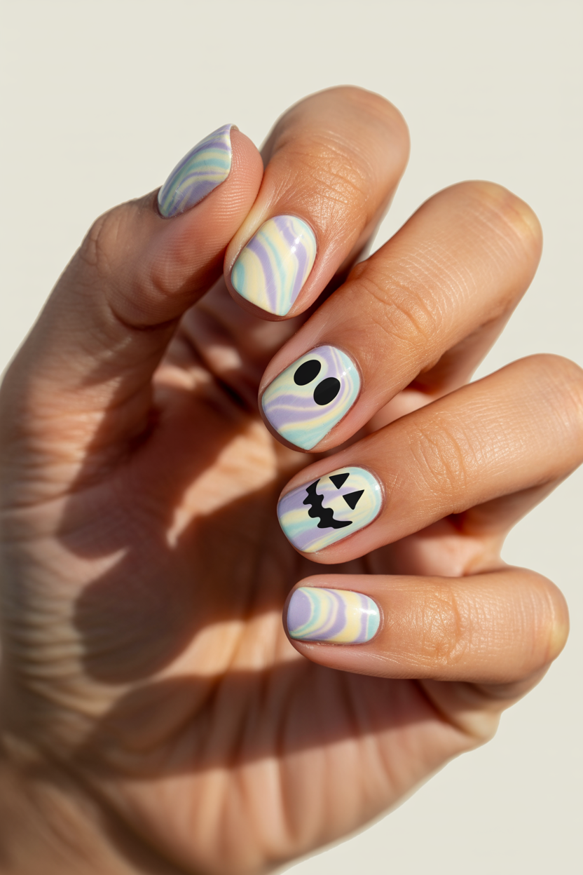 Tie-Dye with Spooky Faces nail design — Pastel tie-dye swirls across all ten, with two nails hiding a simple ghost or jack-o'-lantern face inside the pattern.