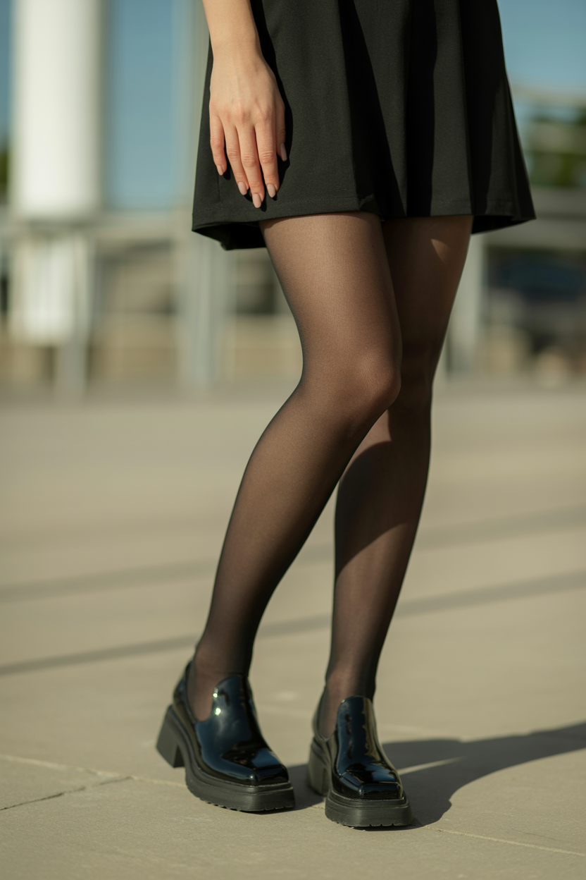 Black Mini Dress + Sheer Tights nail design — A simple black mini, sheer black tights, chunky black platform boots.