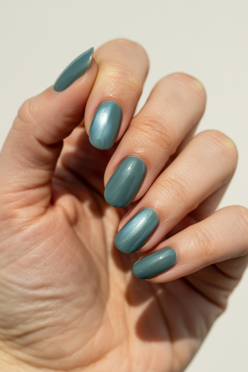 Classic Sea Glass nail design — Translucent green-blue with a slightly frosted finish.