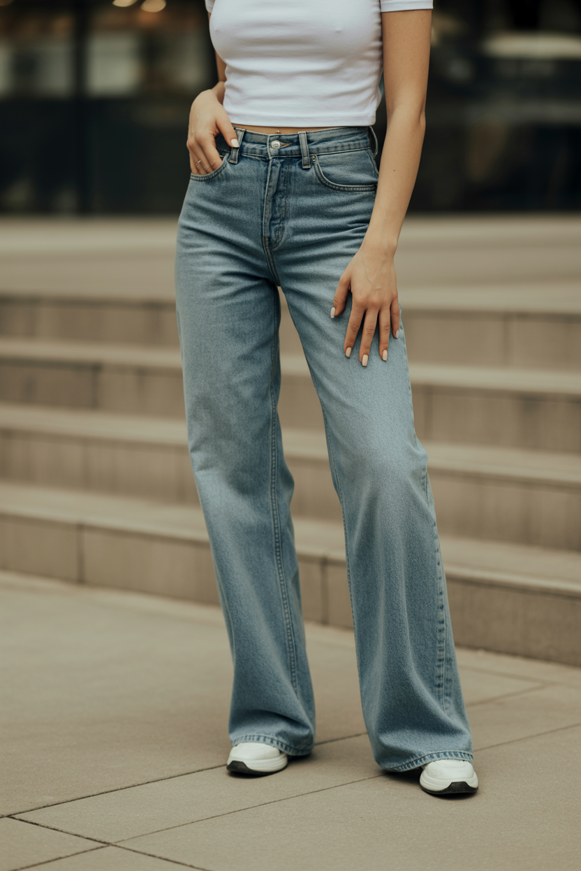 Low-Rise Wide-Leg Jeans + Baby Tee nail design — The defining Y2K silhouette.