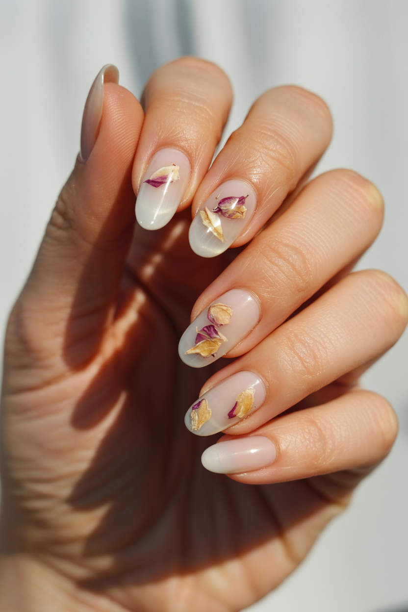 Milk Bath nail design — Sheer milky base with dried flower petals or foil flakes suspended inside.