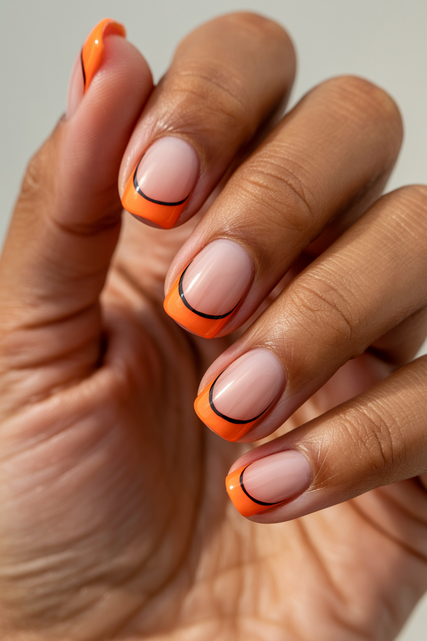 Neon Orange French with Black Line nail design — Neon orange tip with a hairline black outline separating it from the nail bed.
