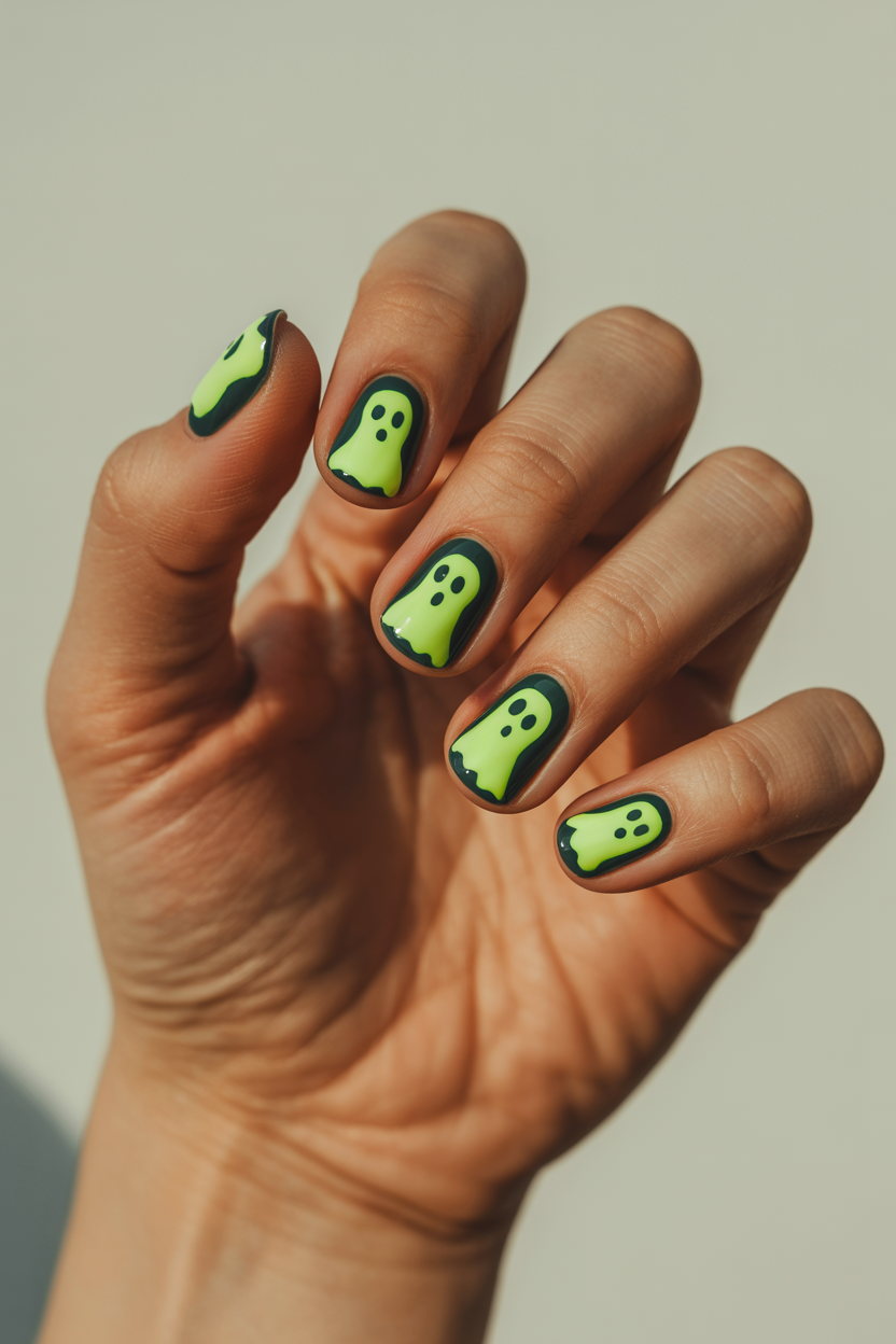Glow-in-the-Dark Ghosts nail design — Ghosts painted in glow polish over a dark base.
