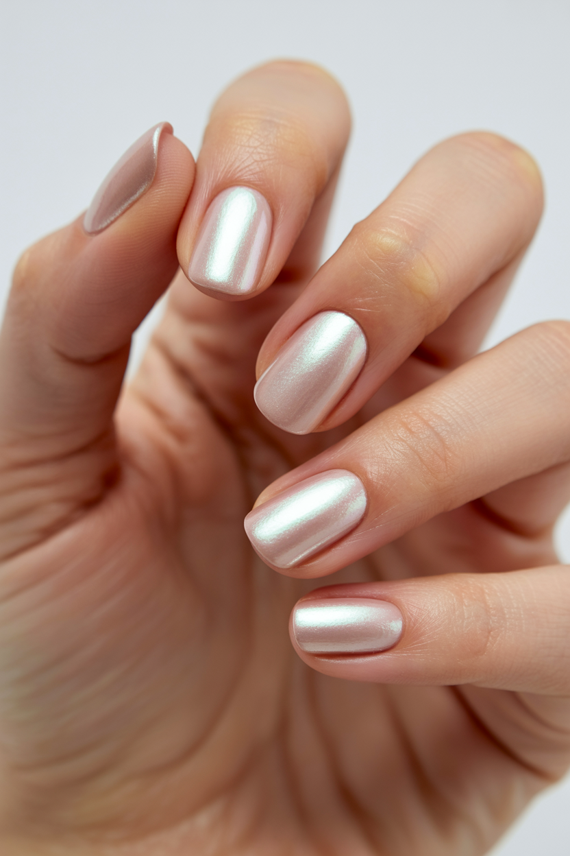 Nude with Pearl Chrome Overlay nail design — Neutral base under a shifting pearl finish.