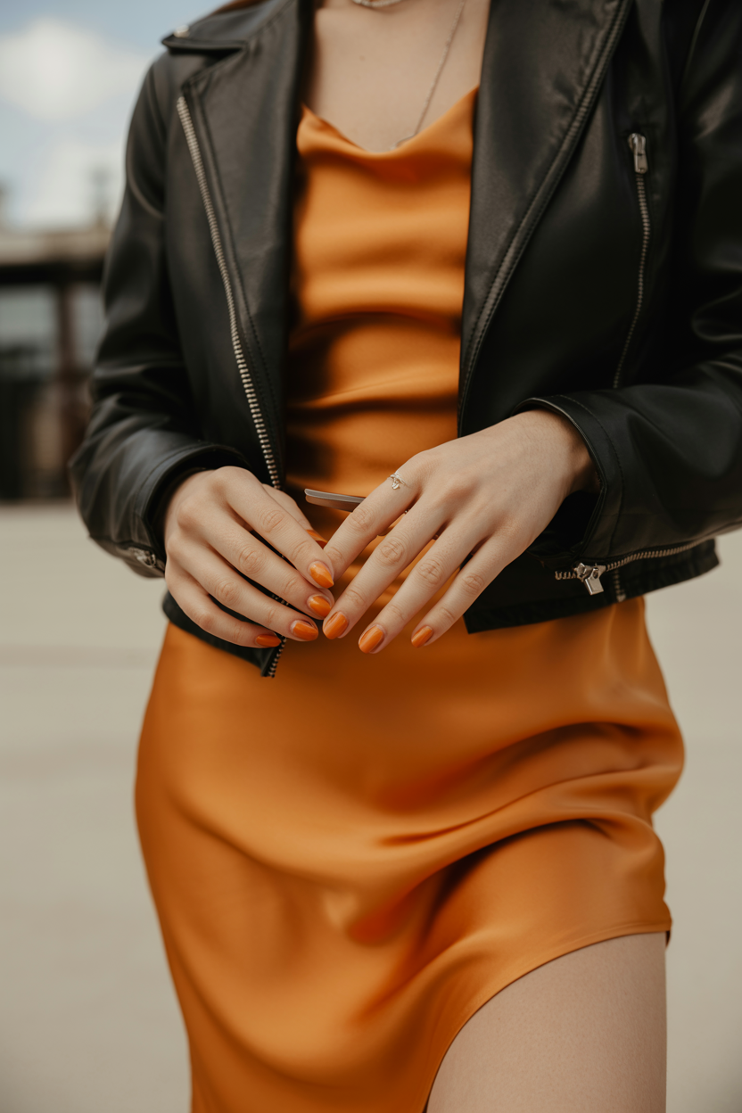 Orange Satin Slip + Leather Jacket nail design — A burnt-orange satin slip dress with a cropped black faux-leather jacket.