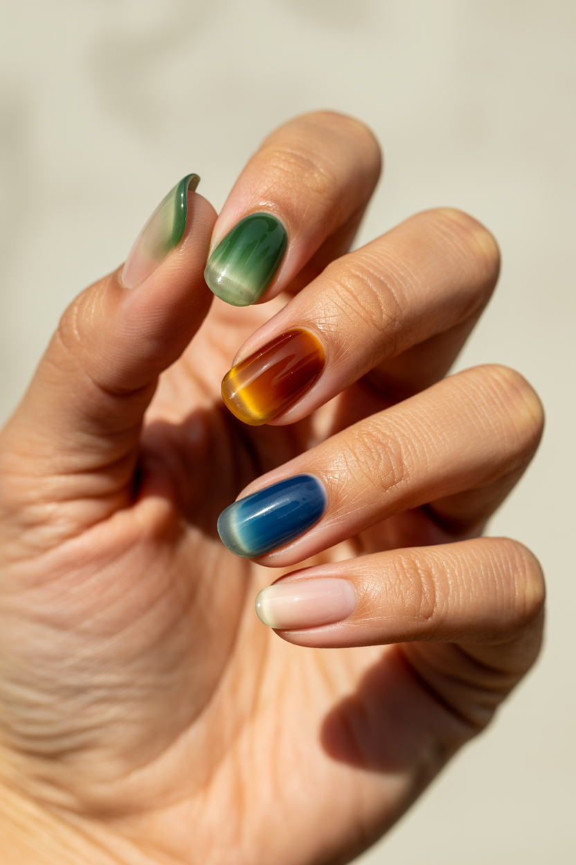 Sea Glass Mismatch nail design — Every nail a different translucent shade — green, blue, amber, clear.