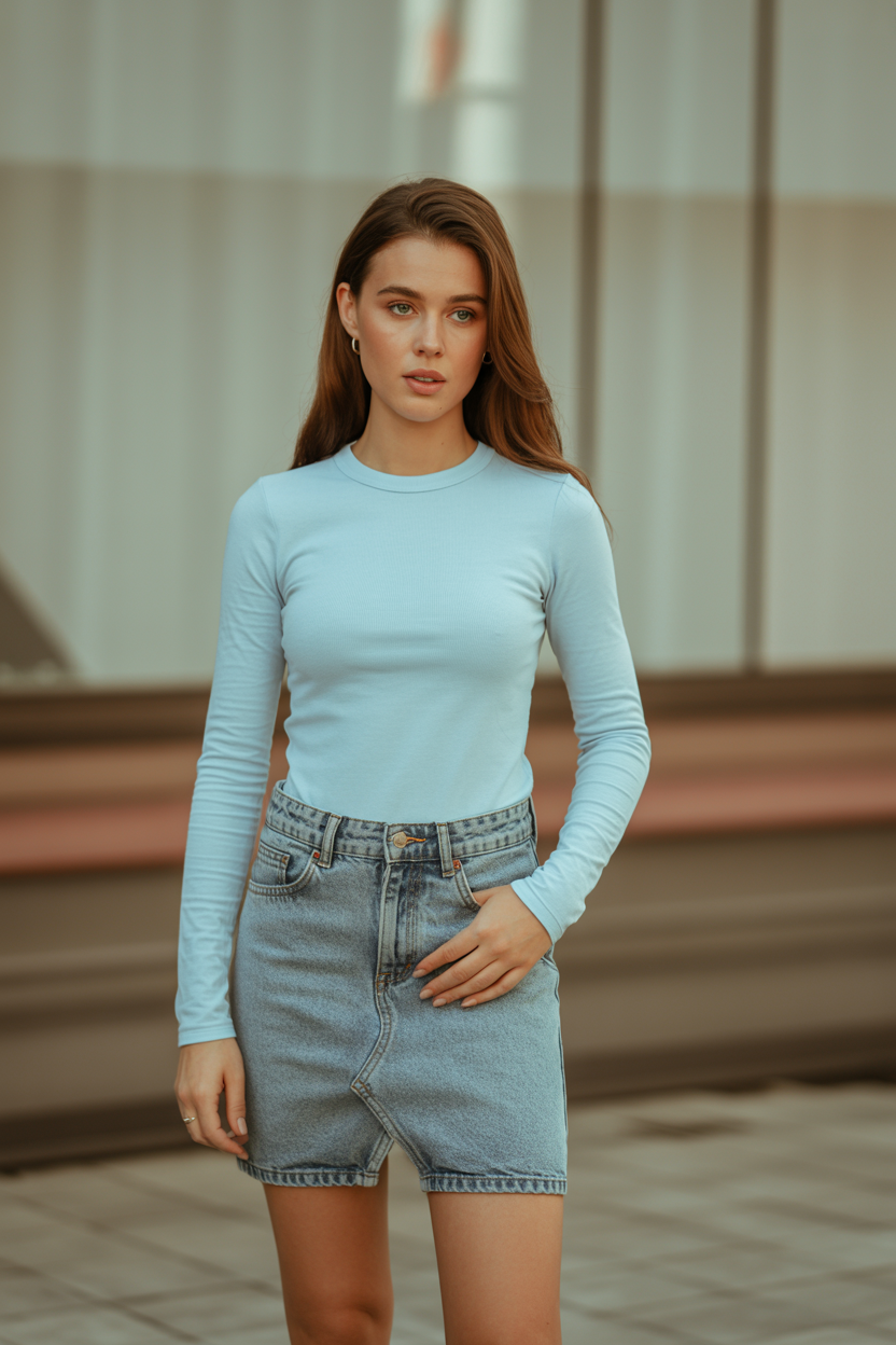 Denim Mini + Long-Sleeve Baby Tee nail design — Long sleeves in August sounds wrong until you remember the AC.