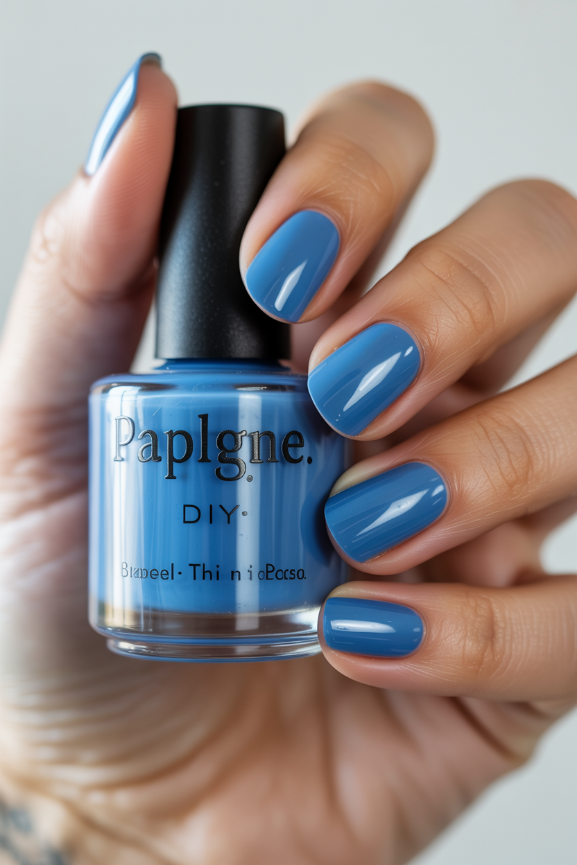 Jelly Blue nail design — Sheer, glossy, candy-like blue built up in three thin coats.