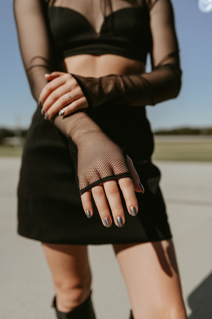 Mesh Long-Sleeve + Black Mini nail design — A sheer black mesh long-sleeve over a black bandeau, with a black mini skirt and chunky boots.