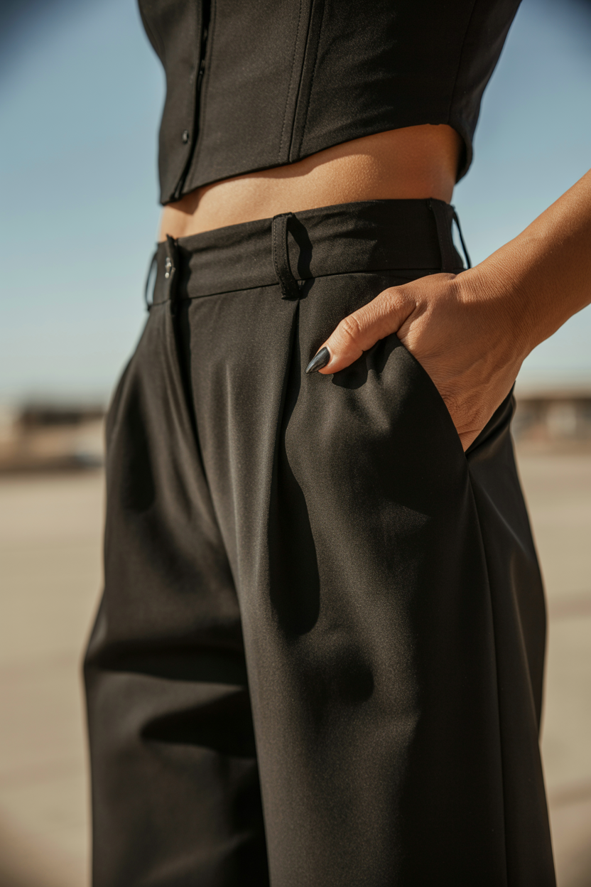 Corset Top + Wide-Leg Trousers nail design — A structured black corset top with flowing wide-leg black trousers.