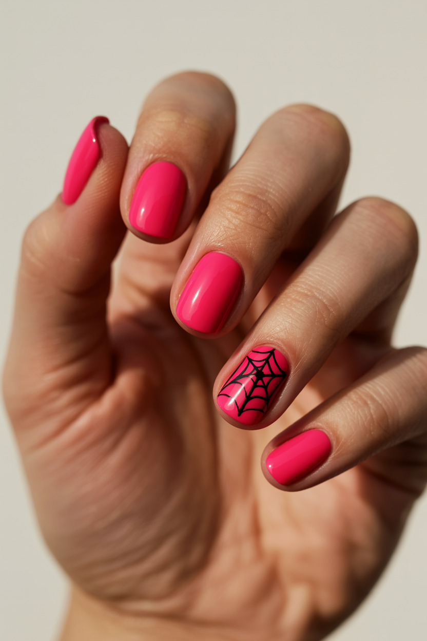 Hot Pink with Black Web nail design — Bright hot pink base, black spiderweb radiating from one corner of the accent nail.